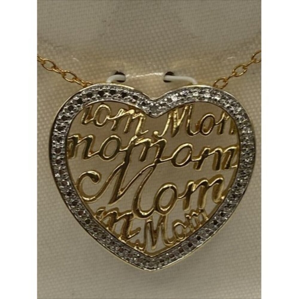 VTG Mom Diamond Accent Necklace 18k Yellow Gold Plate Heart Pendant 18" NOS Love - Picture 2 of 6